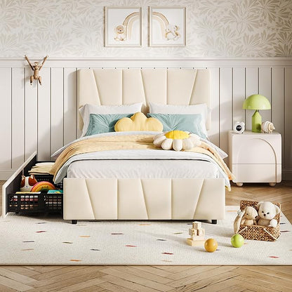 Twin Size Bed Frame with Upholstered Headboard & 2 Storage Drawers with Wheels, Platform Bed Frame with Wooden Slat Support, Adjustable Headboard, No Box Spring Needed, Noise-Free, for Bedroom