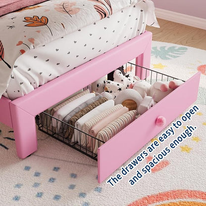 Twin Size Bed Frame for Girls with Storage Drawers & LED Lights, Upholstered Platform Bed, Velvet Crystal Button Princess Bed, Noise-Free Slats, No Box Spring Needed for Kids, Teens, Pink