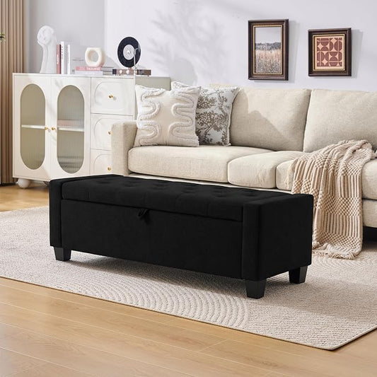 Huatean Home 43" Ottoman with Storage, Black Storage Ottoman Bench with Safety Hinge, Upholstered Entryway Bench with Seating for Bedroom, Living Room, Holds up to 330 lb
