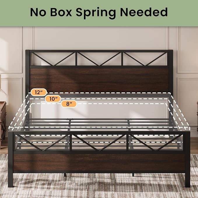 LIKIMIO King Bed Frame, Tall Industrial Headboard 51.2 ", Platform Bed Frame with Strong Metal Support, Solid and Stable, Noise Free, No Box Spring Needed, Easy Assembly, Dark Brown