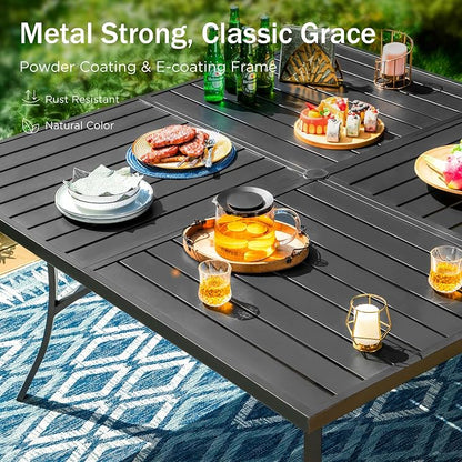 PHI VILLA 9 Piece Outdoor Dining Set for 8, 57.5" Metal Square Table with Umbrella Hole & Stackable Wrought Iron Chairs, All Weather Large Furniture Set for Patio, Deck, Backyard, Porch - Black