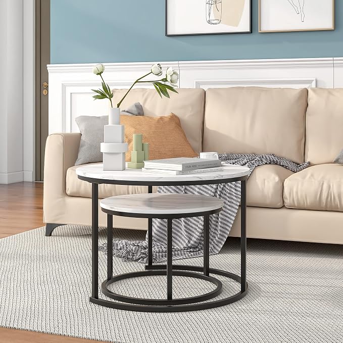 HOJINLINERO Round Coffee Table,Nesting Coffee Table Set of 2,Center Tables for Living Room,Office, Home Small Space,Stacking Side Tables,Sturdy and Easy Assembly,Wood Desktop,Black+White,Large