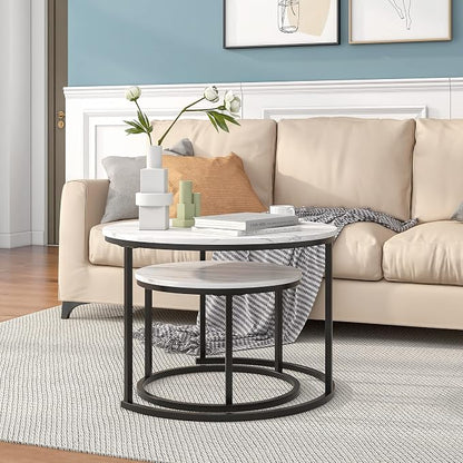 HOJINLINERO Round Coffee Table,Nesting Coffee Table Set of 2,Center Tables for Living Room,Office, Home Small Space,Stacking Side Tables,Sturdy and Easy Assembly,Wood Desktop,Black+White,Large