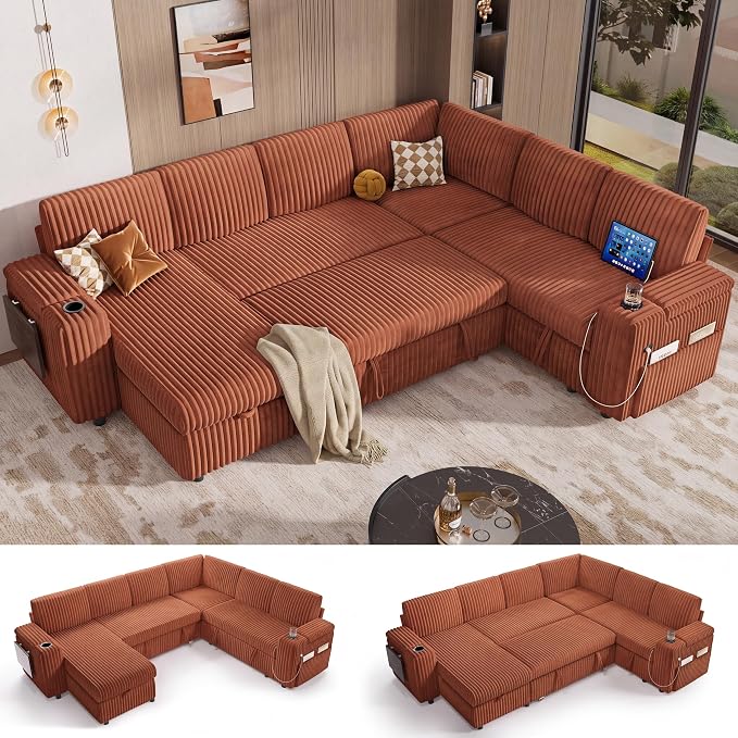 Vipbear 111" Modular Sectional Sleeper Sofa with Pull Out Bed, 7 Seat Plush Corduroy L Shaped Couch with Storage Chaise|USB Ports|Cup Holders|Side Table|Storage Armrests, Tool Free Assembly, Orange