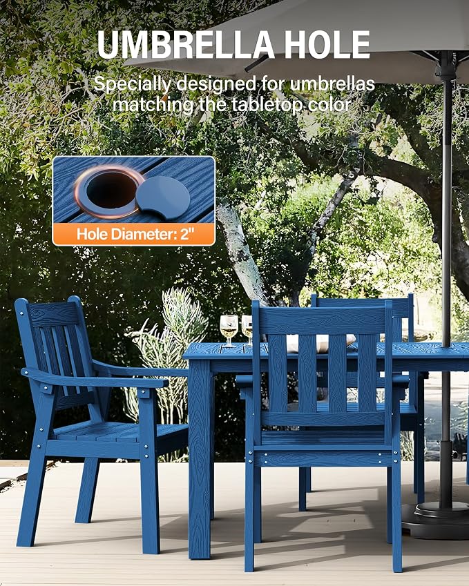 YEFU HIPS Patio Table Set: 10 Piece Outdoor Table and Chairs Dining Furniture Set with Umbrella Hole - Blue Modern Plastic Dining Sets 8 Person for Outside Deck with Metal Aluminum Frame
