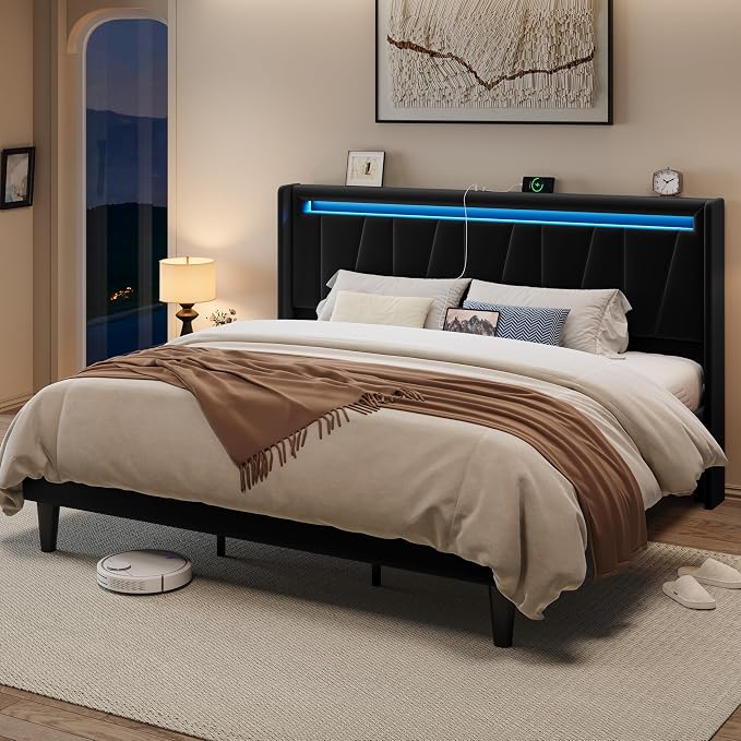 Allewie King Size LED Bed Frame with Charging Station, Velvet Upholstered Platform Bed with Geometric Wingback Headboard, Modern Frame with No Box Spring Needed, Easy Assembly, Black