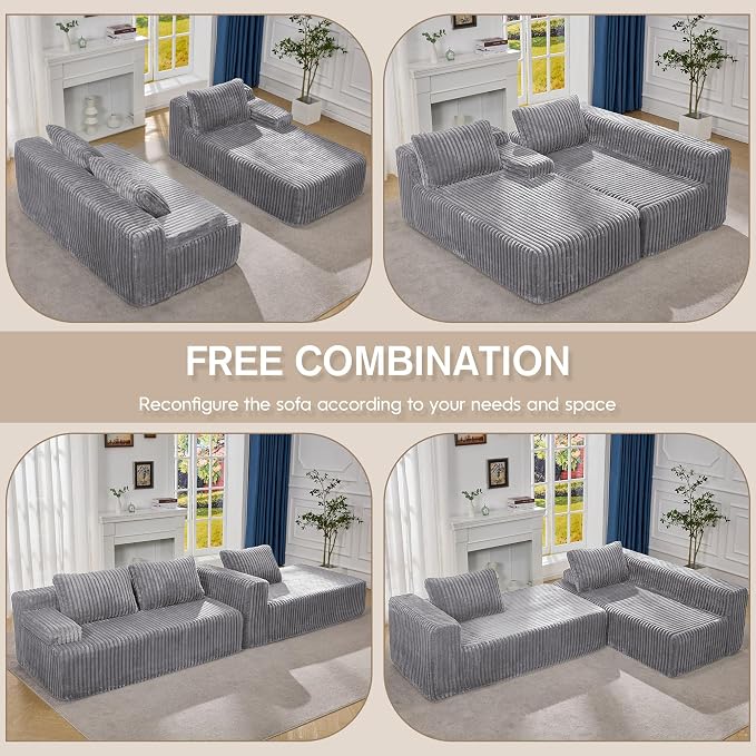 Hobestluk Boneless Couch Modular Sectional Sofa L-Shape Oversized Chaise | 108" Right Facing Chaise Pale Gray,Memory Foam,Removable Cover,Non-slip Bottom,No Assemble Required,Living Room Furniture