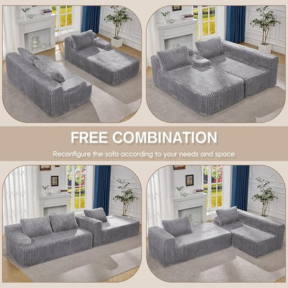 Hobestluk Boneless Couch Modular Sectional Sofa L-Shape Oversized Chaise | 108" Right Facing Chaise Pale Gray,Memory Foam,Removable Cover,Non-slip Bottom,No Assemble Required,Living Room Furniture