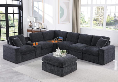 Ball & Cast 127" Oversized Modular L-Shaped Sectional Sofa,Large Chenille Upholstered Couch 7 Seat with Ottoman,Cup Holders&USB Ports,Comfty Sectionals W/Pillows&Storage Box,for Living Room,Dark Gray