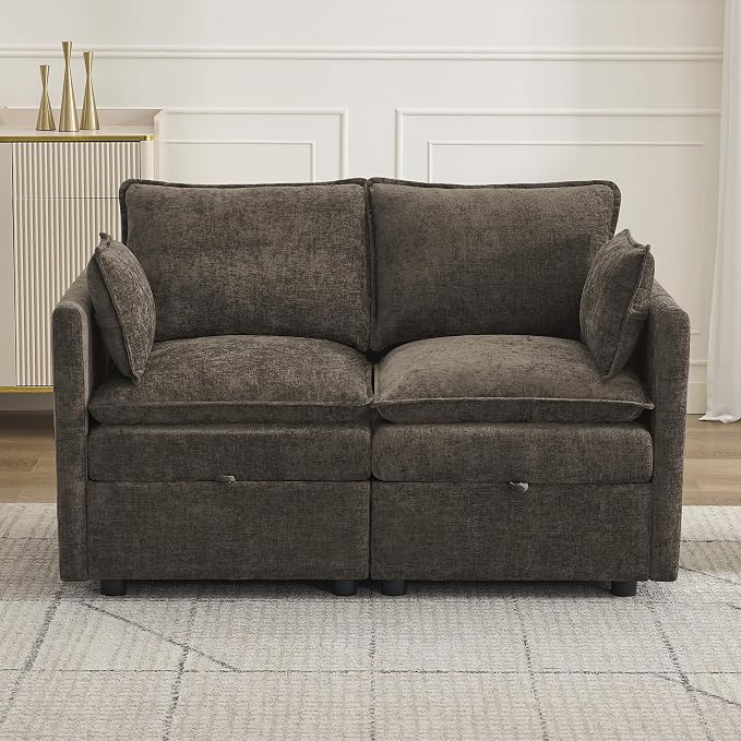 55" Cloud Modular Loveseat Sofa with Storage, Modern Upholstered Sofa Couch Small Love Seat, 2 Seater Chenille Comfy Sectional Sofa with Armrests for Living Room, Small Space, Brown