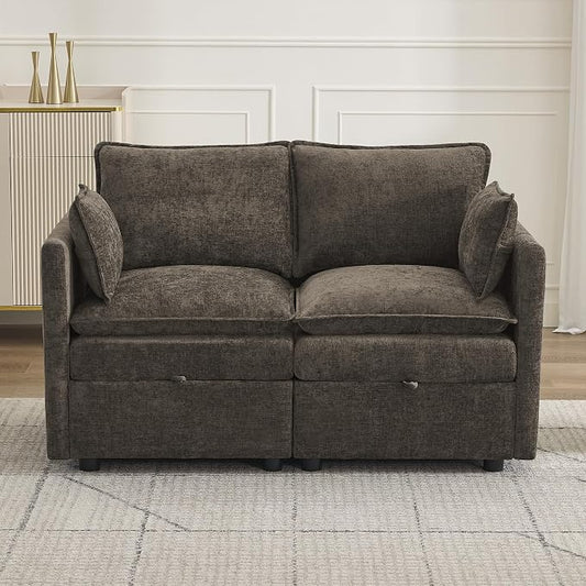 55" Cloud Modular Loveseat Sofa with Storage, Modern Upholstered Sofa Couch Small Love Seat, 2 Seater Chenille Comfy Sectional Sofa with Armrests for Living Room, Small Space, Brown