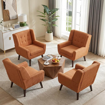 HUIMO Accent Chair Set of 4, Upholstered Button Tufted Armchair, Linen Fabric Sofa Living Room Chairs for Bedroom, Mid-Century Modern Comfy Reading Chair (4 PCS, Orange)