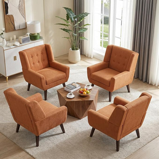 HUIMO Accent Chair Set of 4, Upholstered Button Tufted Armchair, Linen Fabric Sofa Living Room Chairs for Bedroom, Mid-Century Modern Comfy Reading Chair (4 PCS, Orange)