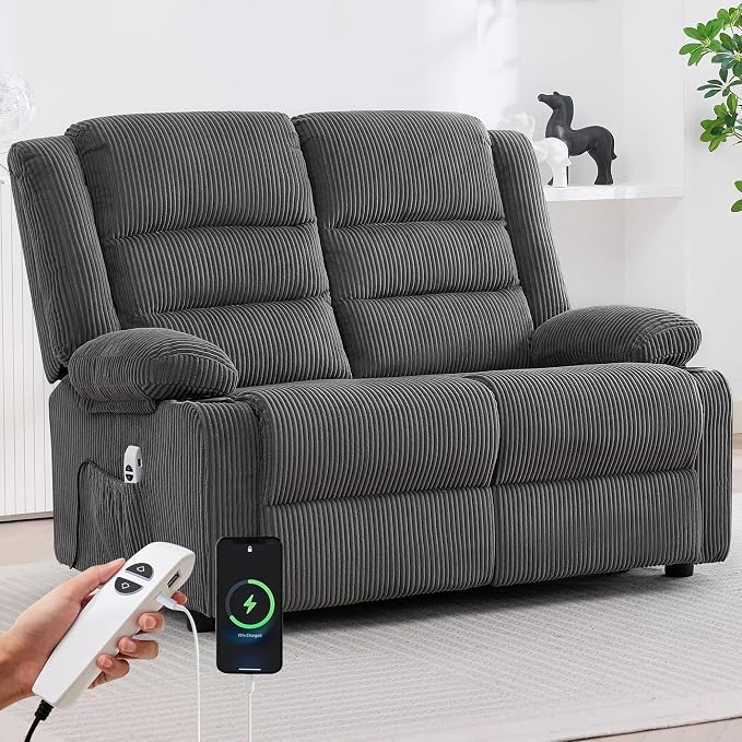 52Inch Reclining Loveseat Sofa,Power Loveseat Recliner,Electric Love seat Recliner Sofa for Bedroom,Living Room with Charging Ports,Striped Grey