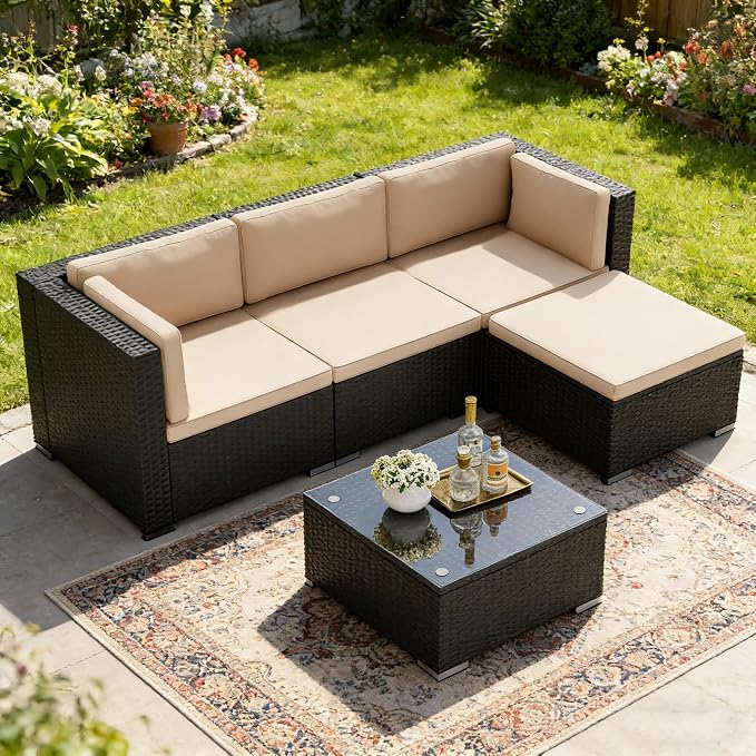SUNCROWN 5-Piece Outdoor Patio Furniture Set, All-Weather PE Rattan Sectional Sofa with Ottoman, Glass Coffee Table & Cushions, Modular Wicker Conversation Set for Backyard, Garden, Porch, Beige
