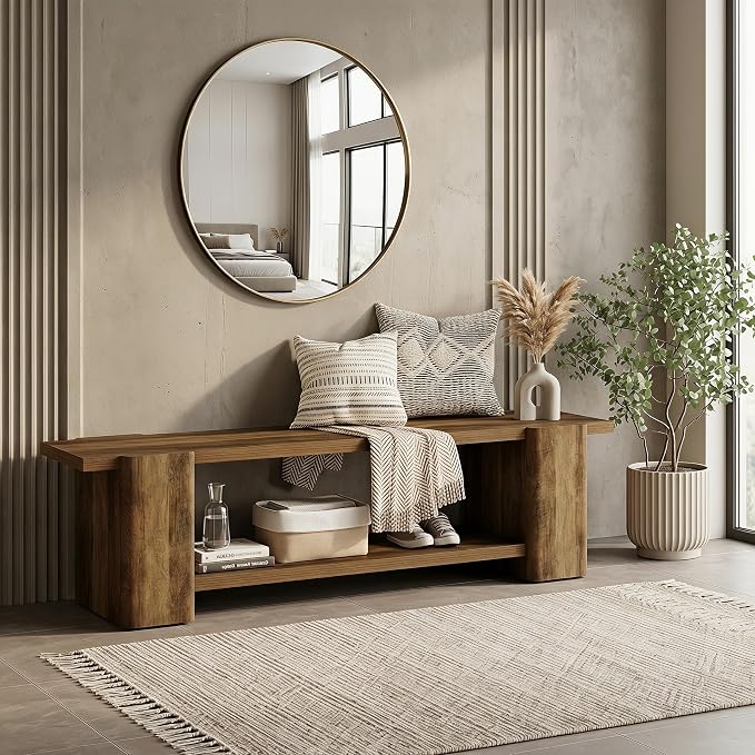 LITTLE TREE Entryway Bench, 63" Long Bench with Storage Shelf, Farmhouse End of Bed Bench, Bench for Bedroom, Dining Room, Living Room, Entryway, Hallway, Reinforced Legs, Brown