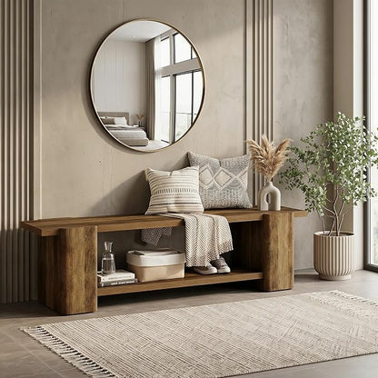 LITTLE TREE Entryway Bench, 63" Long Bench with Storage Shelf, Farmhouse End of Bed Bench, Bench for Bedroom, Dining Room, Living Room, Entryway, Hallway, Reinforced Legs, Brown