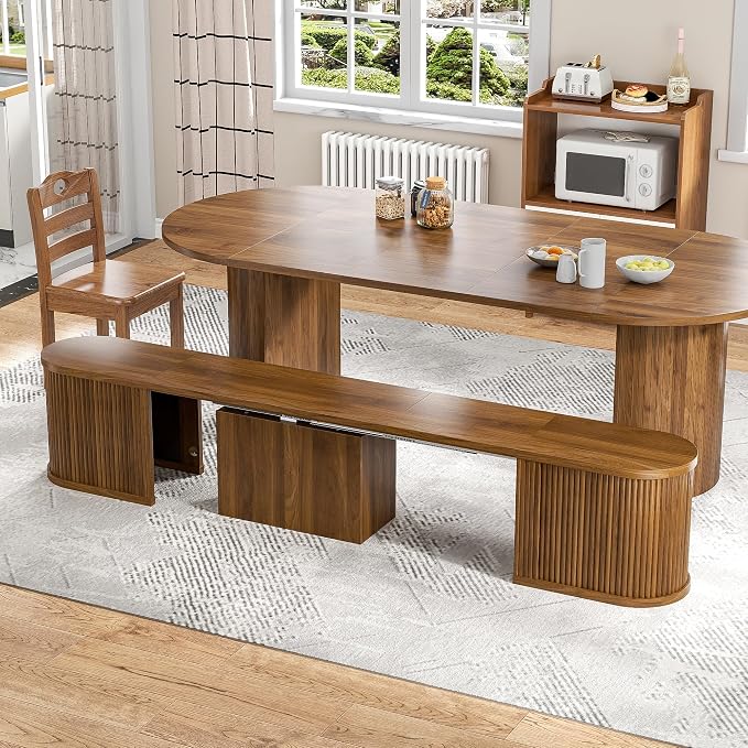 43-95 Inch Oval Extendable Dining Table Set for 4-10, Fluted Space Saving Long Round Kitchen Table with Bench, 3 Leaf, 2 Storage, Mid Century Modern Dining Room Dinner Table for Living Room, Walnut