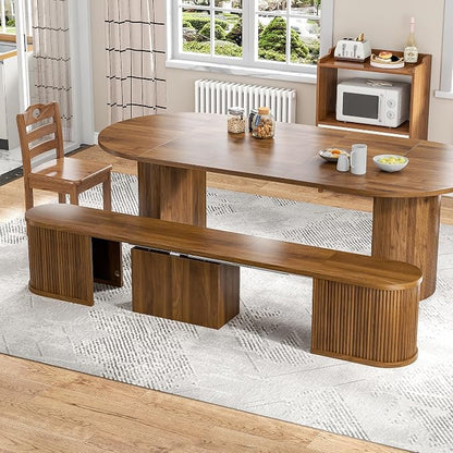 43-95 Inch Oval Extendable Dining Table Set for 4-10, Fluted Space Saving Long Round Kitchen Table with Bench, 3 Leaf, 2 Storage, Mid Century Modern Dining Room Dinner Table for Living Room, Walnut