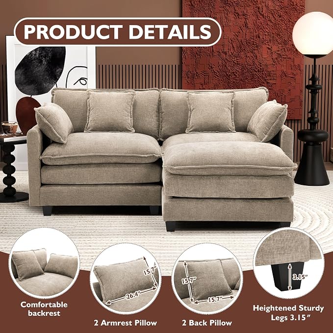 Ihanherry 77" L Shaped Modern Sofa Modular Sectional Luxurious and Comfortable with Ottoman, 3-Seat Chenille Deep Seat Sofa with Pillow for Living Room, Bedroom and Apartment,Sand