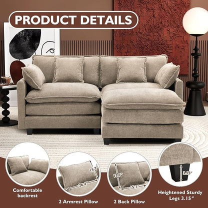 Ihanherry 77" L Shaped Modern Sofa Modular Sectional Luxurious and Comfortable with Ottoman, 3-Seat Chenille Deep Seat Sofa with Pillow for Living Room, Bedroom and Apartment,Sand
