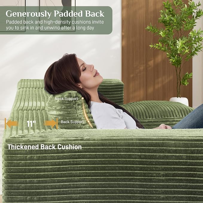 131" Oversized U Shaped Cloud Sectional Couches for Living Room, Comfy Fluffy Corduroy Green Boneless Sectionals Couch, Plush Memory Foam Modular Sectional Sofa with Chaise- 19" Seat Height