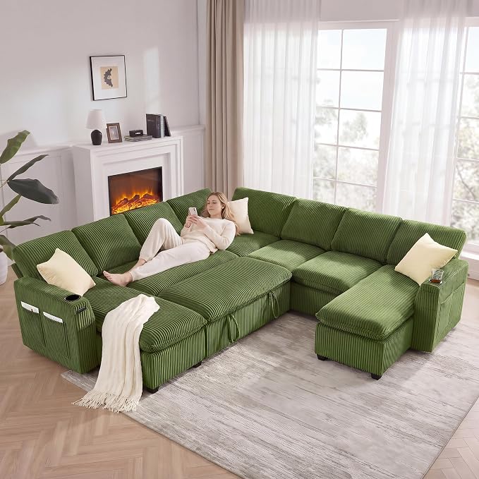 Oversized Sectional Sleeper Sofa with Pull Out Bed, Plush Corduroy 9 Seat Modular Sofa with Storage Chaise and Adjustable Backrest, Cloud Couches for Living Room, Apartment, Green