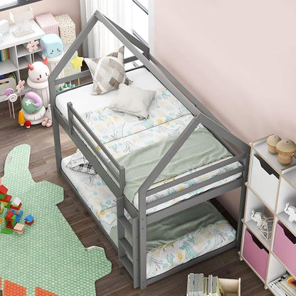 Merax Wood Montessori Bunk Bed with Ladder Twin Over Twin, Low Bunk Bed for Boys, Girls Space-Saving,No Box Spring Needed Gray