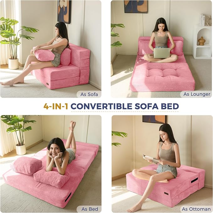 MAXYOYO Convertible Sofa Bed, Fold Out Sofa Couch with Pillow, 4 in 1 Tufted Folding Couch Bed Foam Floor Couch, Lazy Chair for Living Room Bedroom Guest Room, Pink