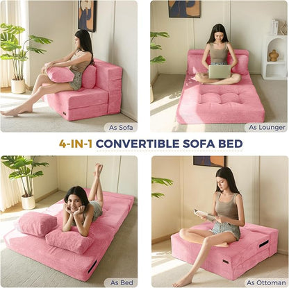 MAXYOYO Convertible Sofa Bed, Fold Out Sofa Couch with Pillow, 4 in 1 Tufted Folding Couch Bed Foam Floor Couch, Lazy Chair for Living Room Bedroom Guest Room, Pink