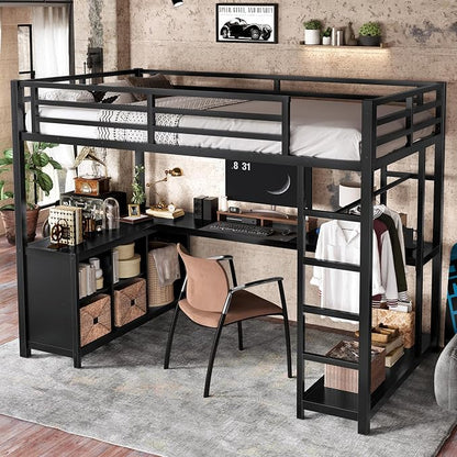 Bellemave Twin XL Size loft Bed with L Desk, Wardrobe, Metal Twin XL Loft Bed Frame for Adults, Kids, Teens, Black