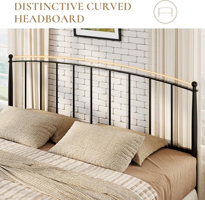 SHA CERLIN King Size Metal Platform Bed Frame with Victorian Style Iron-Art Headboard and Footboard, Easy Assembly, No Box Spring Needed, Black
