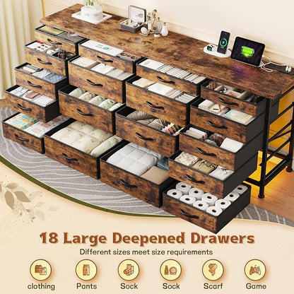 EnHomee 63" W TV Stand for 75" TV, 18 Drawers with LED & Charging, Brown | Long Dresser for 65"-75" TV, Deep Drawer, Spacious Storage, Drawers Glide, No Wobbling, Anti-tip, Easy Assembly, Wipes Clean