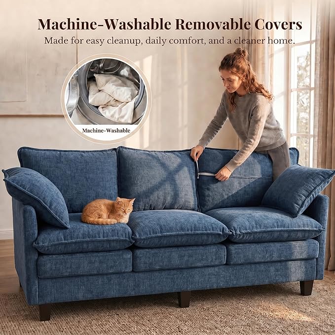 69 Inch Small Sofa, 3-Seater Loveseat Couch with Cloud 2 Layer Cushion, 22.8" Deep Seat, Oversized Pillows, Chenille Fabric, Compact for Small Spaces,Apartment, Living Room, Studio, Office, Blue