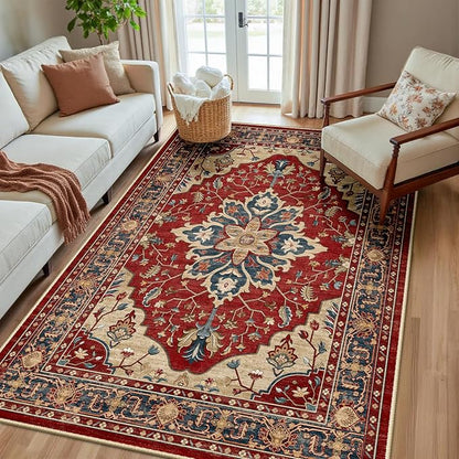 RELEANY Area Rugs 5'x8' Washable Non-Slip, Floral Vintage Distress Medallion Carpet for Living Room Bedroom Dining Room, Red Blue