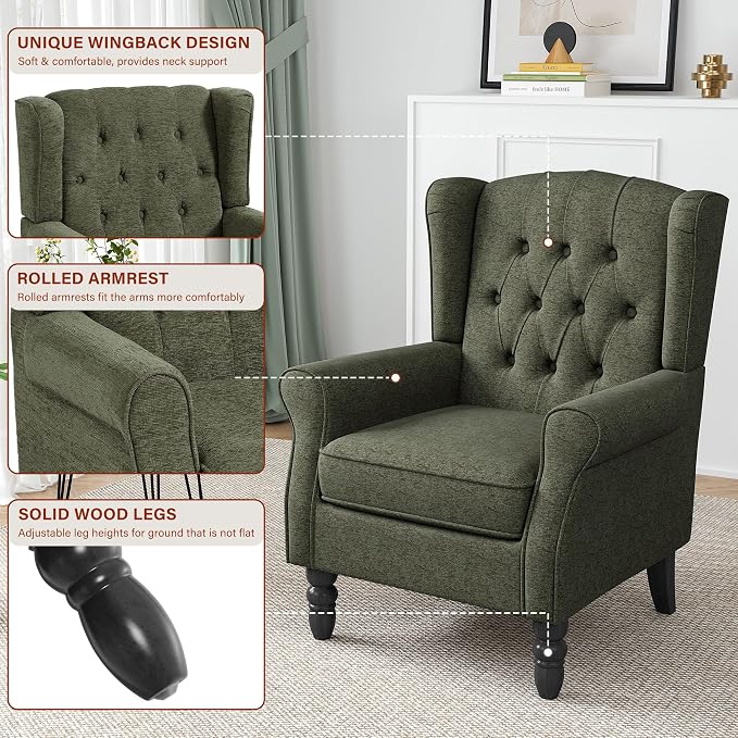 Wingback Accent Chair, Button-Tufted High Back Armchair for Living Room, Upholstered Wingback Chair with Solid Wood Legs, Comfy Single Sofa Reading Chair for Bedroom, Green