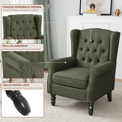 Wingback Accent Chair, High Back Arm Chair for Living Room, Button-Tufted Upholstered Fabric Armchair with Solid Wood Legs, Comfy Single Sofa Reading Chair for Bedroom, Green