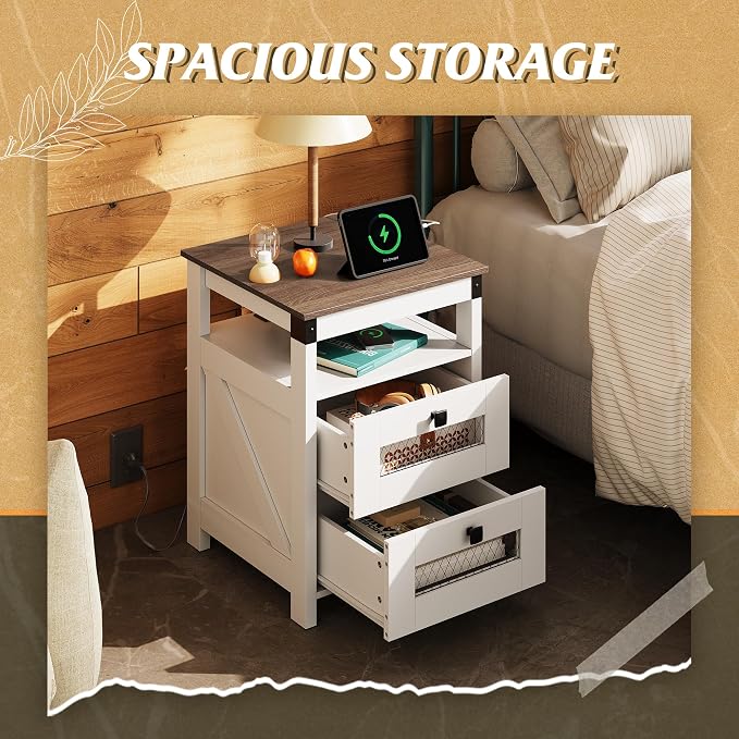 WLIVE Nightstand with Charging Station, Farmhouse End Table, Bed Side Table with 2 Storage Drawers and Open Shelf, Wood Rustic Nightstands for Bedroom, White