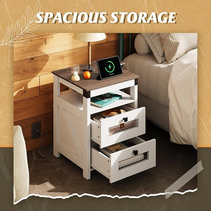 WLIVE Nightstand with Charging Station, Farmhouse End Table, Bed Side Table with 2 Storage Drawers and Open Shelf, Wood Rustic Nightstands for Bedroom, White