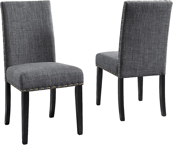Roundhill Furniture Biony Gray Fabric Dining Chairs with Nailhead Trim, Pack of 2