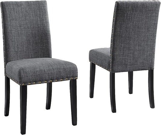 Roundhill Furniture Biony Gray Fabric Dining Chairs with Nailhead Trim, Pack of 2