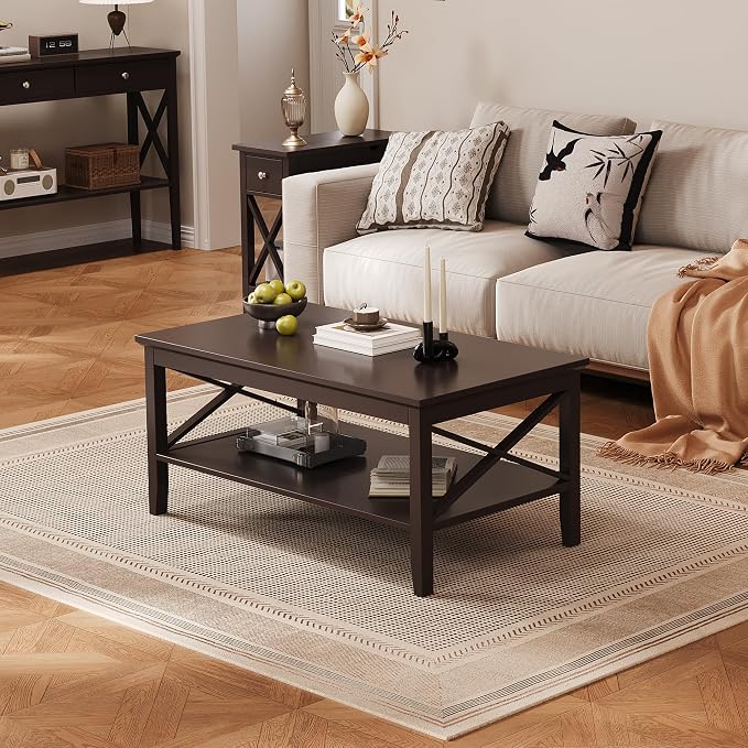 ChooChoo Coffee Table with Thicker Legs, Brown Wood Coffee Table with Storage for Living Room, 47 inch