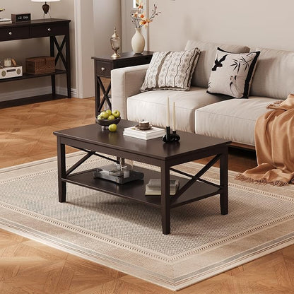 ChooChoo Coffee Table with Thicker Legs, Brown Wood Coffee Table with Storage for Living Room, 47 inch