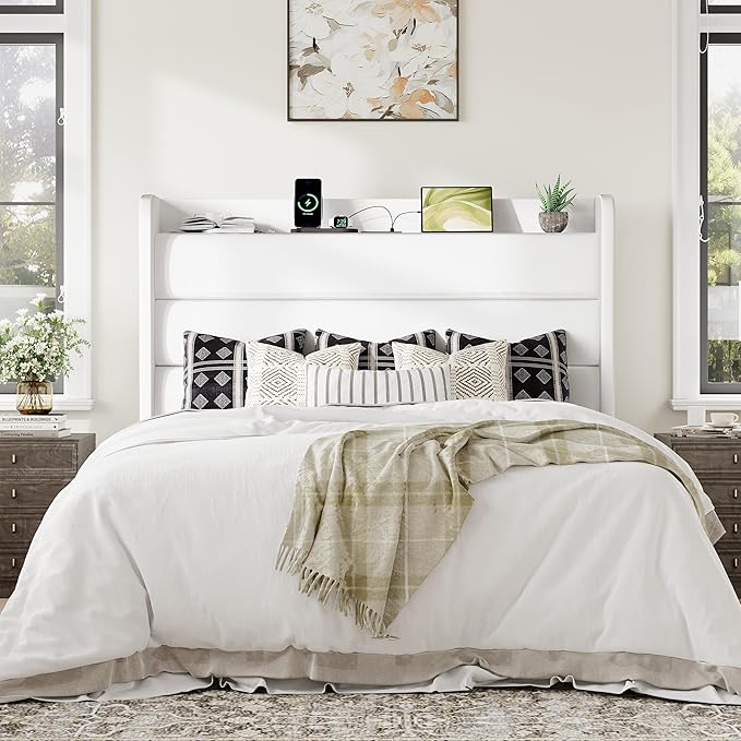 Allewie Queen Size Upholstered Bed Frame with Charging Station & Storage Headboard, Soft Velvet Wingback Platform Bed, Strong Wooden Slats Support, No Box Spring Needed, Easy Assembly, White