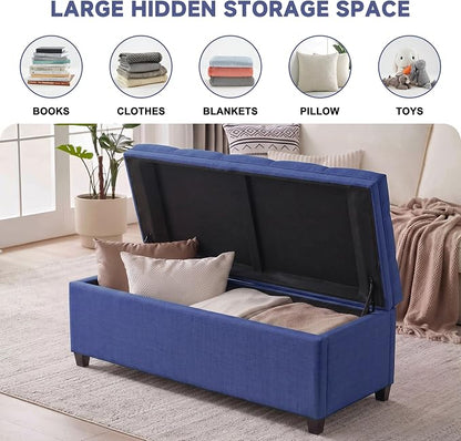 Mangodan Storage Ottoman Bench, Tufted Ottoman with Storage for Living Room, Large End of Bed Ottomans, Modern Entryway Benchs (Blue, 43 Inch)