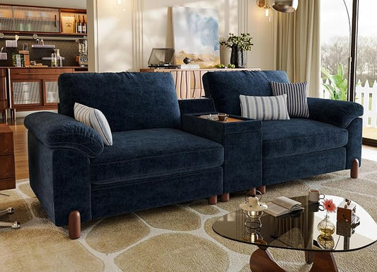 SITJOY Large Cloud Couch, 100" Wide Loveseat Sofa, Chenille in Navy Blue | Detachable and Washable Chenille Cover Sectional Sofas for Living Room, Deep Seat Wide Couch with Cuphoders