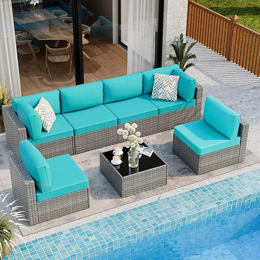 7 Piece Outdoor Patio Furniture Set, Silver Rattan Wicker Sectional Sofa, All Weather Conversation Set with Washable Cushions & Glass Coffee Table for Backyard Poolside Garden Porch,Blue