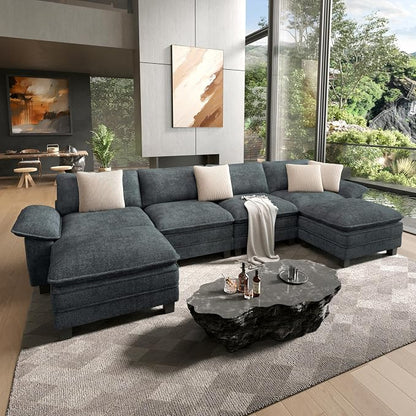 HERA'S HOUSE 158" Oversized Modular Sectional Sofa, Comfy U Shaped Couches for Living Room, Cloud Couch with Ottoman, 6-Seater Deep Seat Sofa with Throw Pillow, Chenille Blue