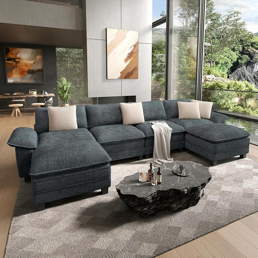 HERA'S HOUSE 158" Oversized Modular Sectional Sofa, Comfy U Shaped Couches for Living Room, Cloud Couch with Ottoman, 6-Seater Deep Seat Sofa with Throw Pillow, Chenille Blue
