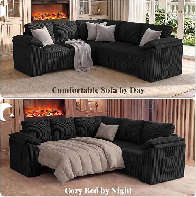 85 Inch Sectional Sleeper Sofa Bed with Pull Out Couch, U Shaped 5 Seat Cloud Modular Sectional Sofa with Storage, Corduroy Sectional Couches for Living Room, Removable Sofa Cover, Dark Grey